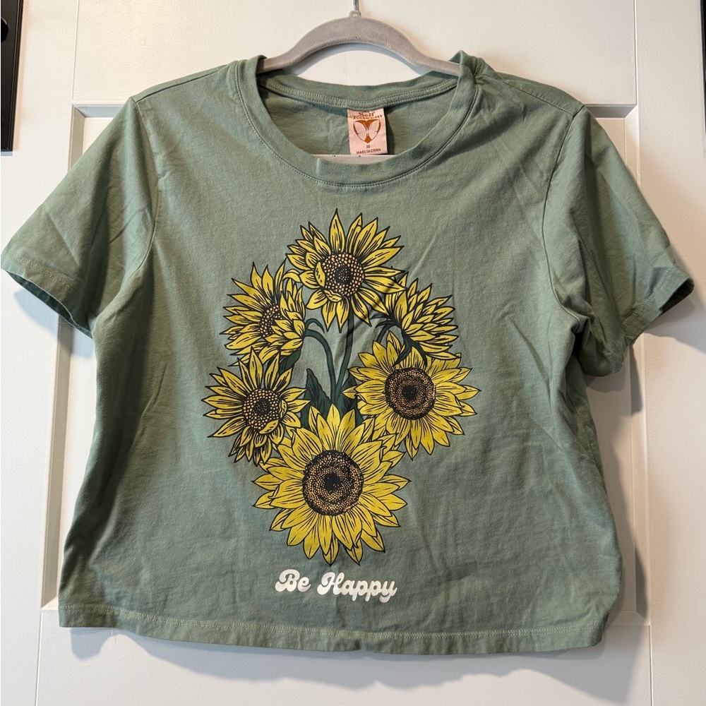 Self Esteem Green Crop Tee with Sunflower Design